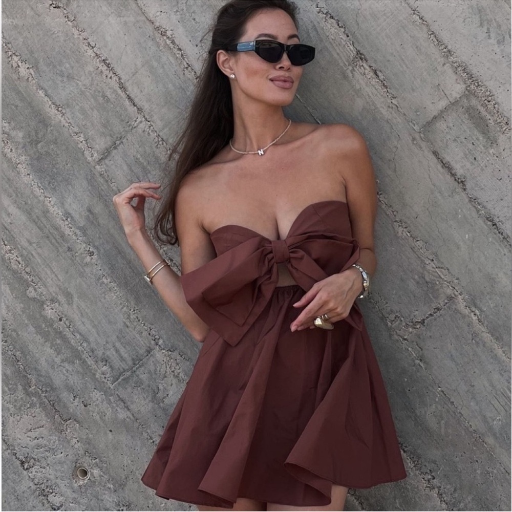 New NWT Zara Cut Out Bow Taffeta Dress in Clay Size XS REF 3600/288 - Picture 3 of 10